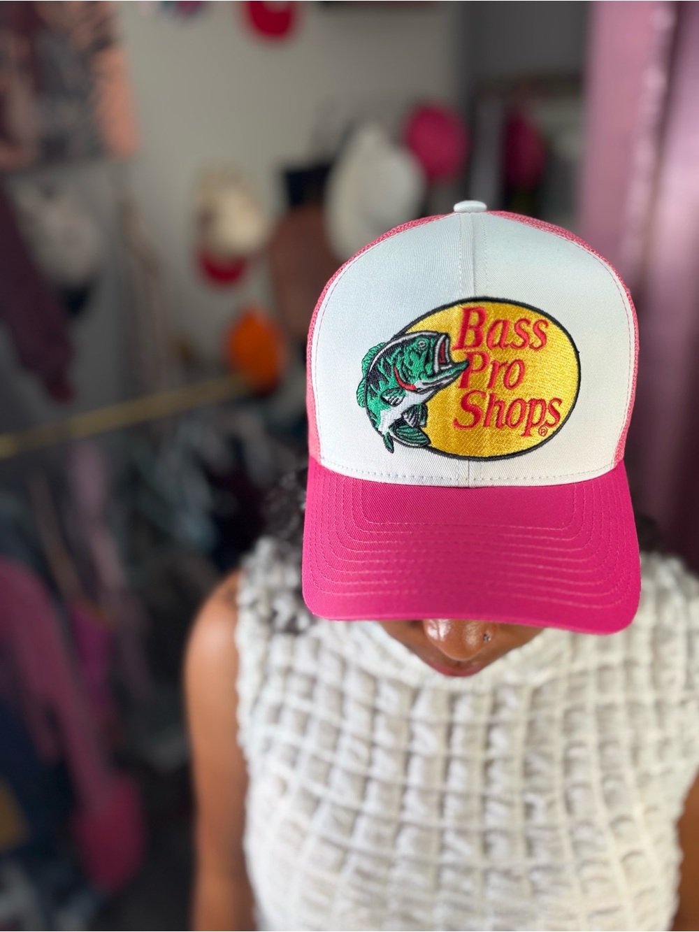Bass Pro Shops Pink and White Logo Trucker Cap